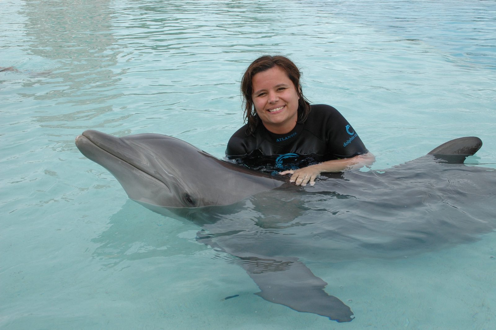 Kathy and her dolphin at Dolphin Cay