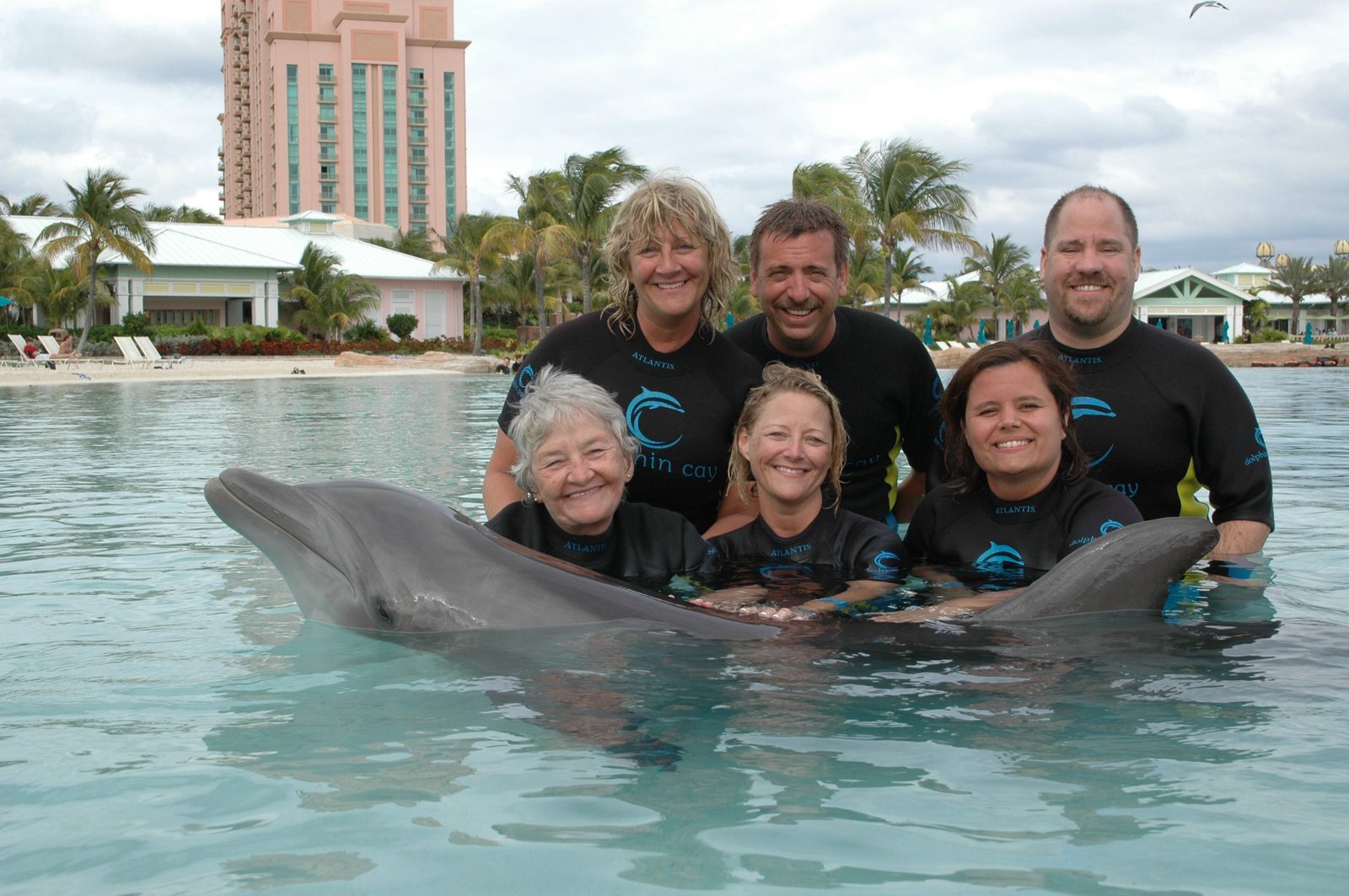 Our group with the dolphin at Dolphin Cay