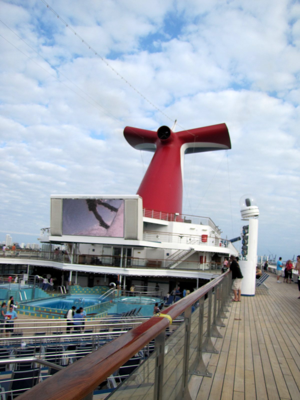 The Carnival Destiny's funnel against the sky