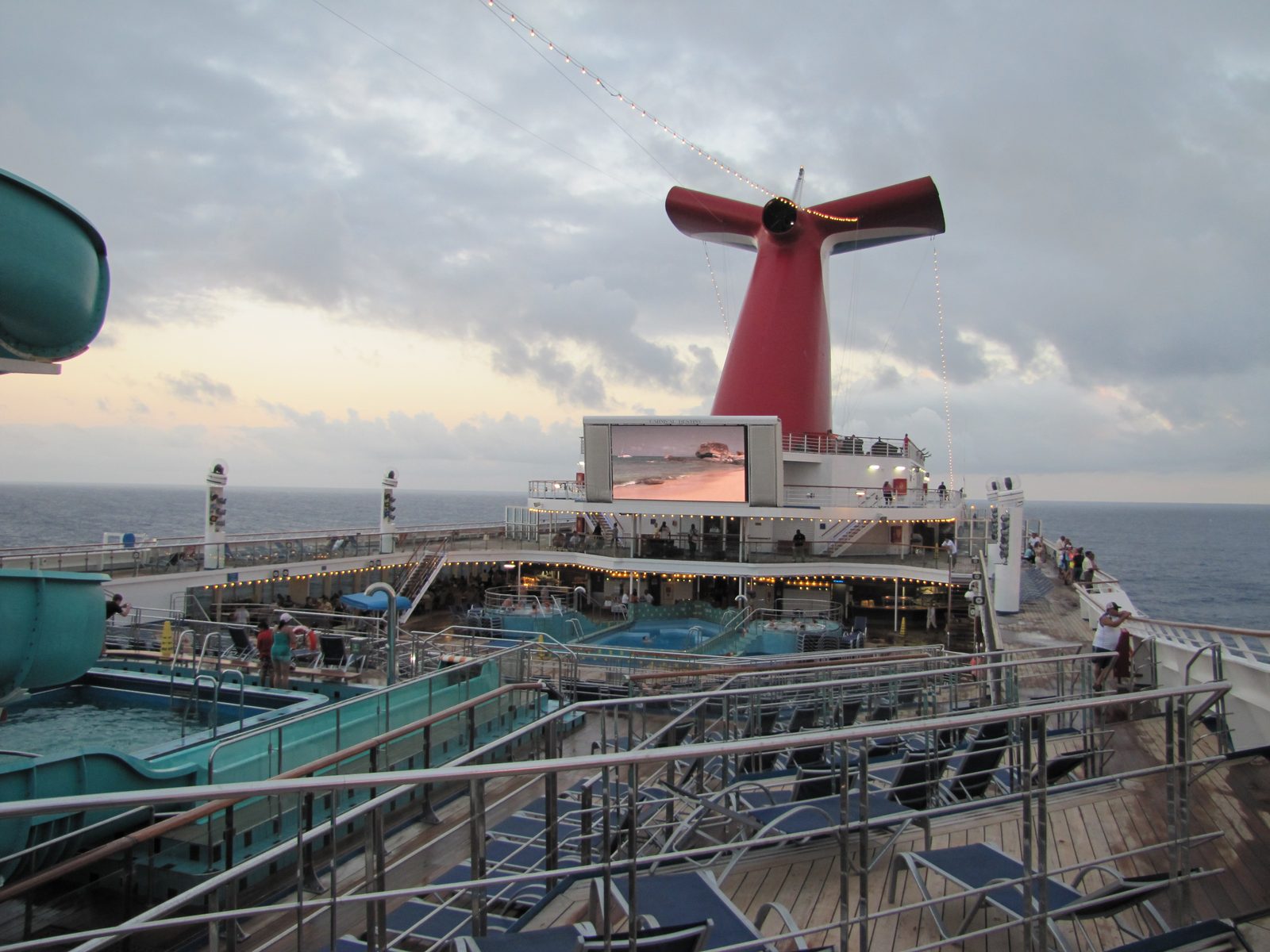 The pool deck as the sun goes down