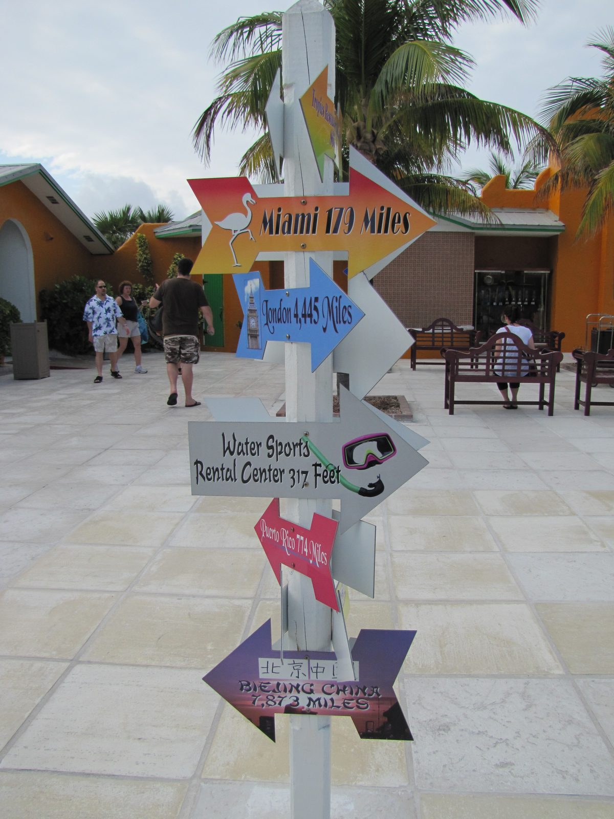 The signpost pointing back to Miami at Half Moon Cay