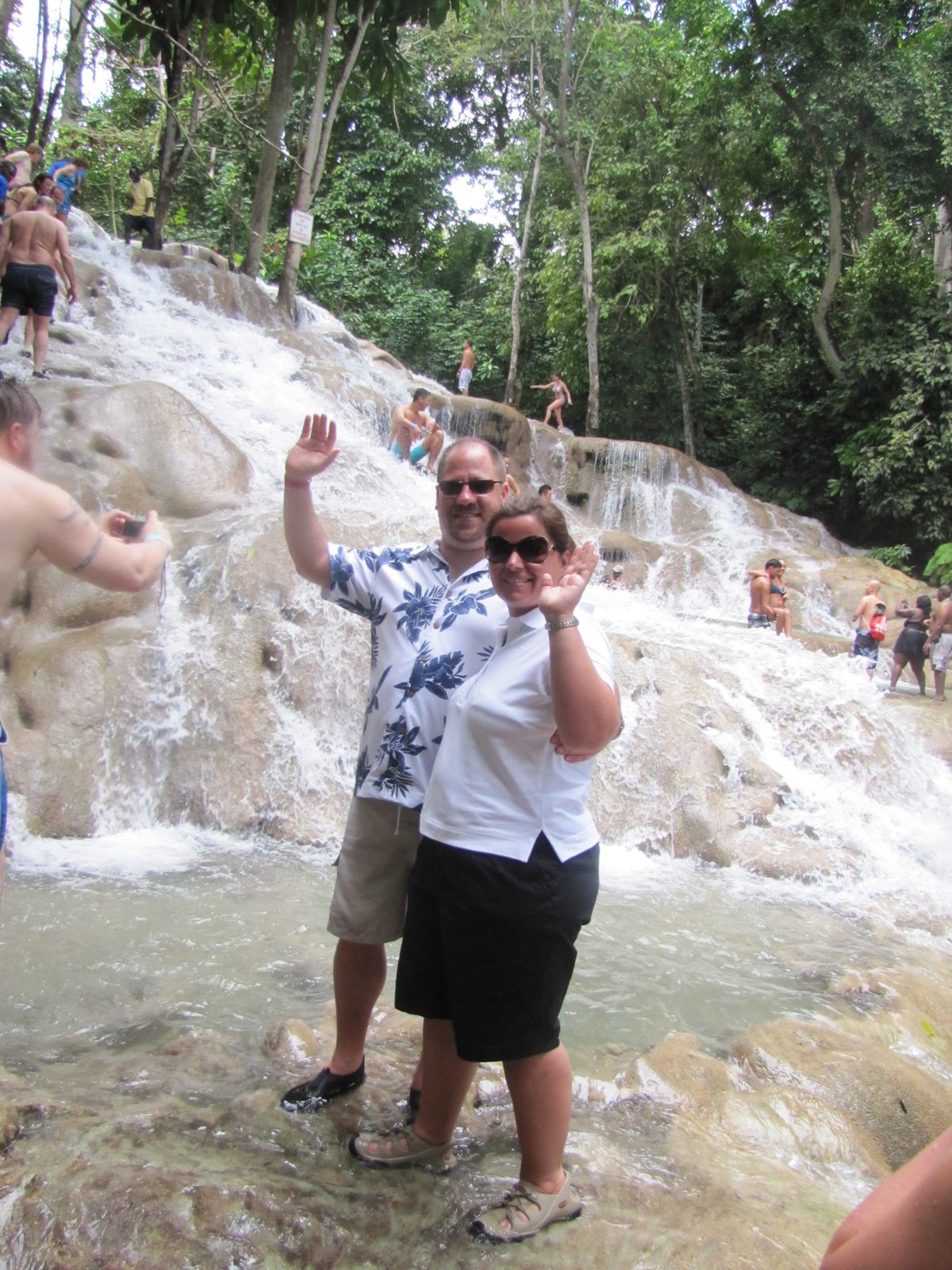 Kathy and me, waving partway up the falls