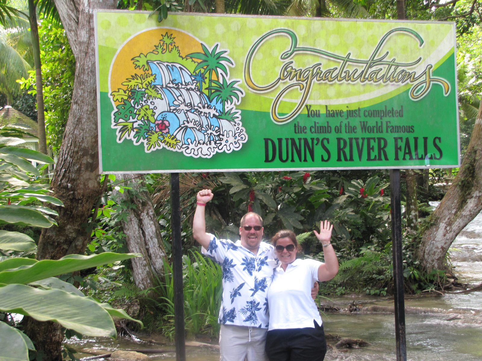Kathy and Michael at the Dunn's River Falls finish sign