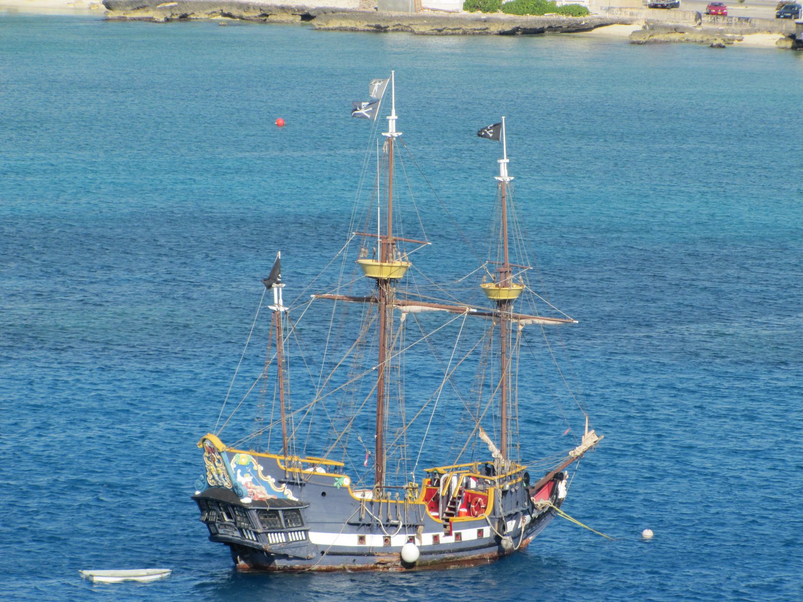 A pirate-style tour ship in the harbor