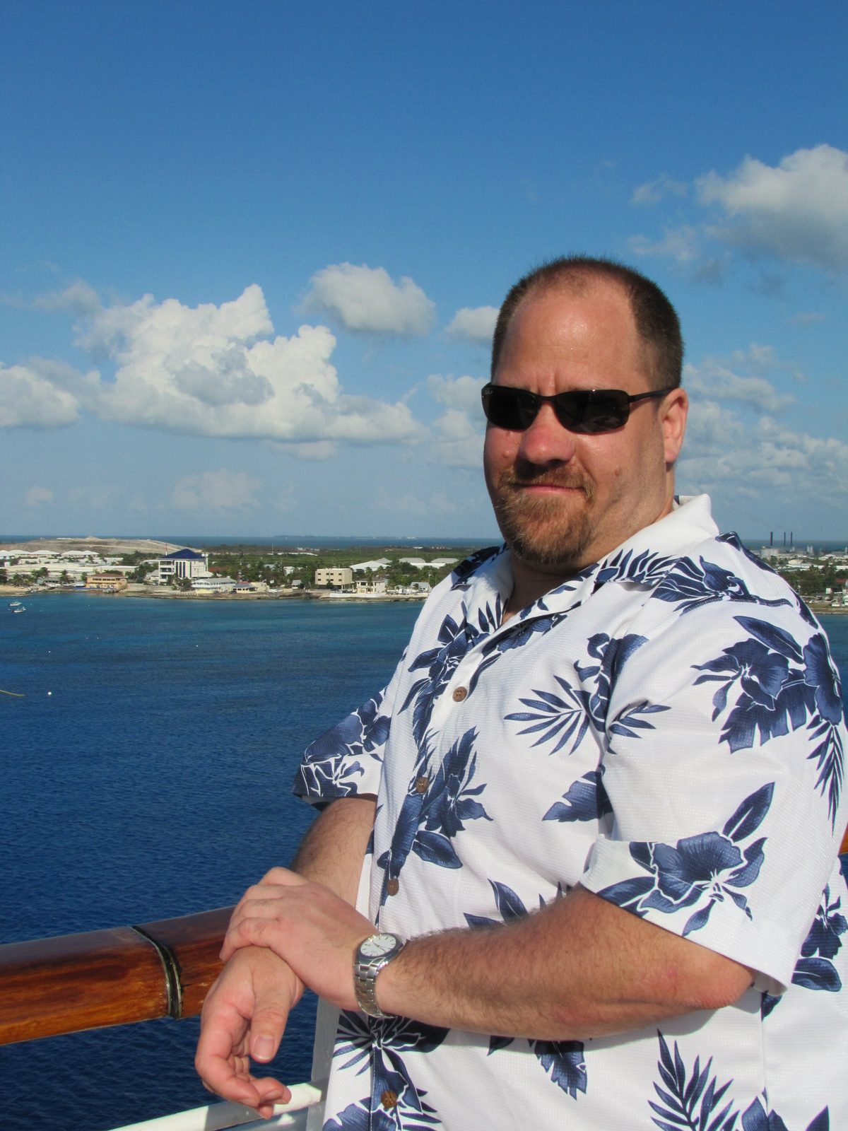 Michael at the ship rail leaving Grand Cayman
