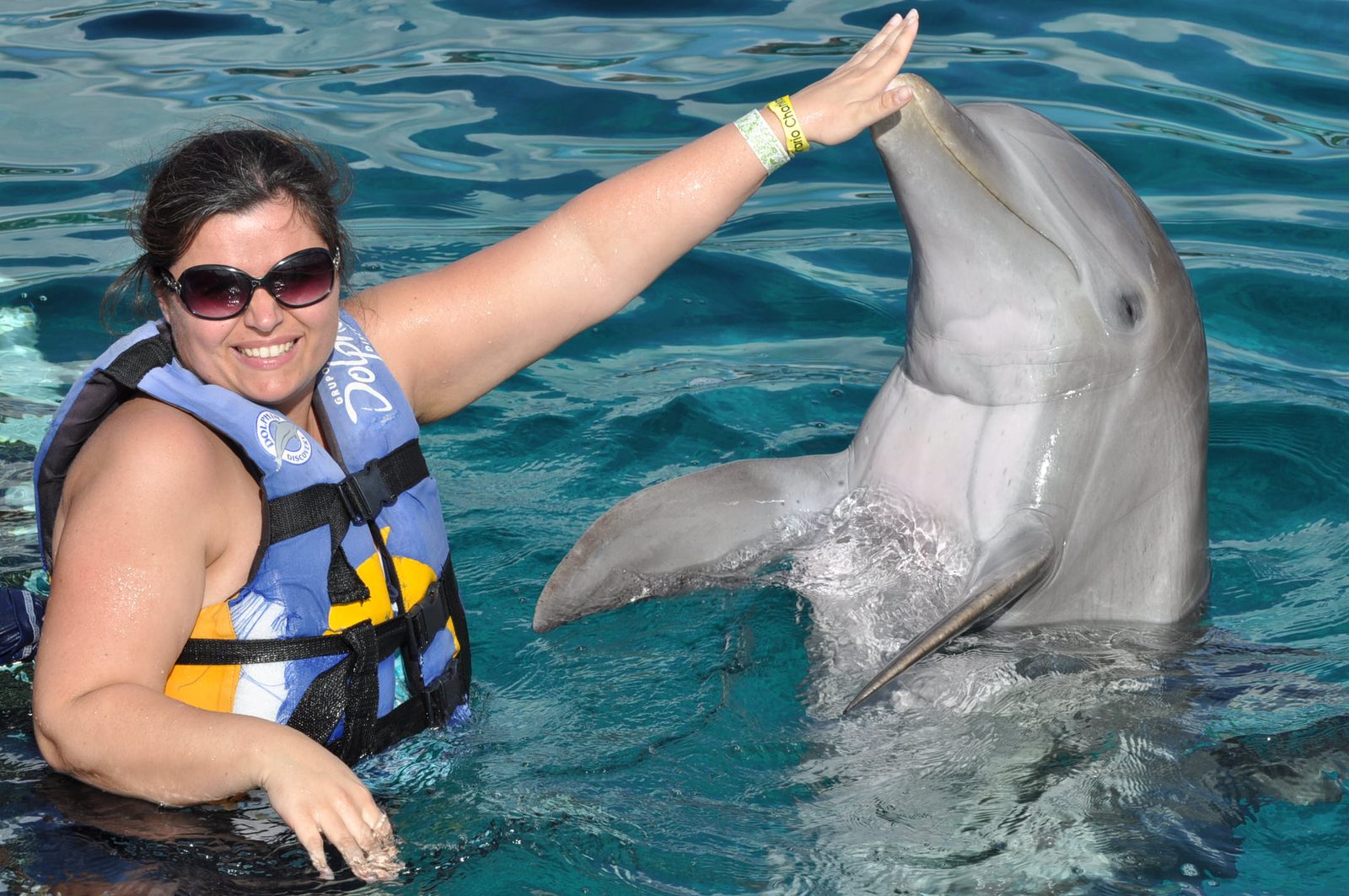 Kathy touching a dolphin's nose at Chankanaab