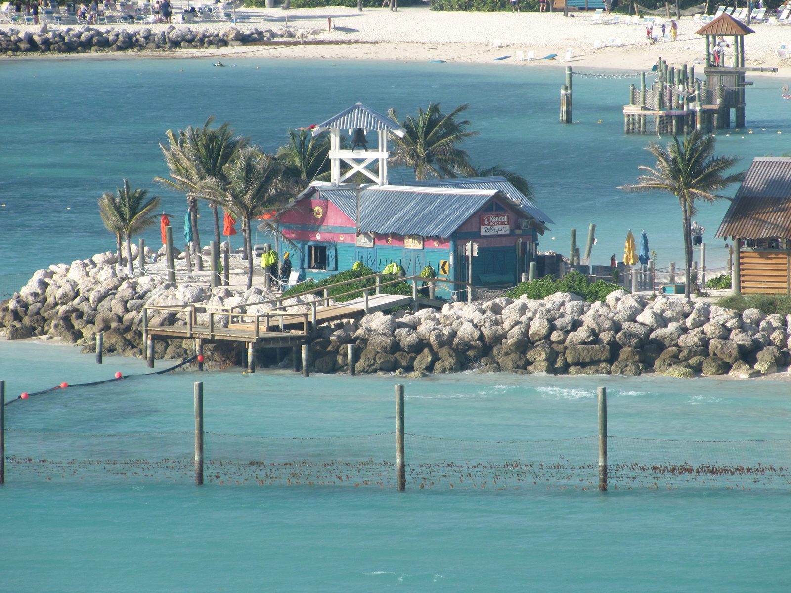 The beach shack and dock on Castaway Cay from the ship