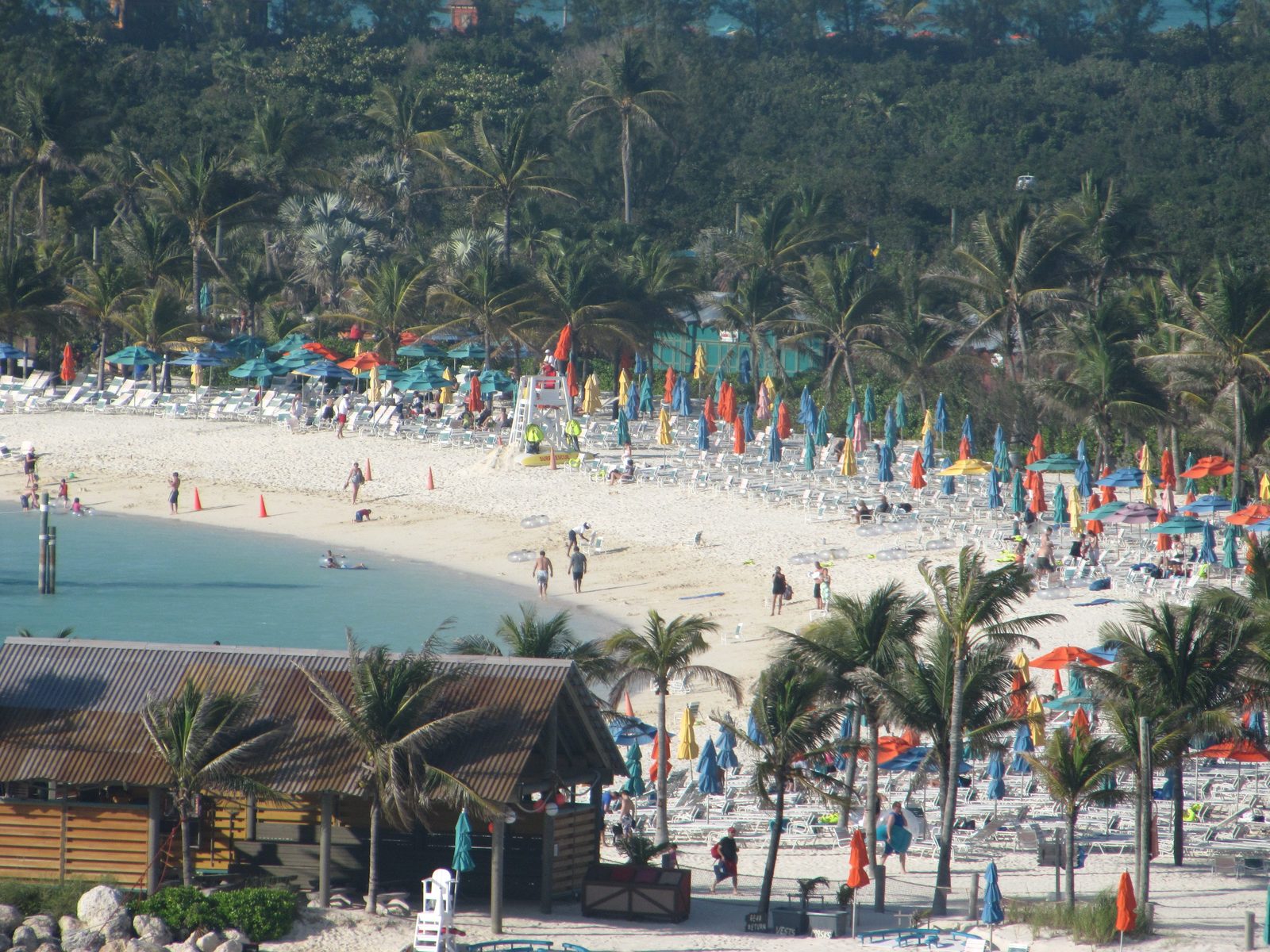 The Castaway Cay beach and umbrellas from the ship
