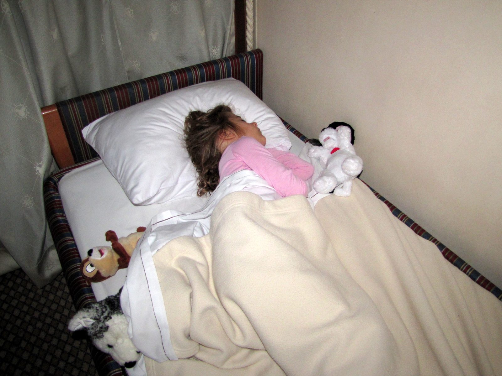 Lisa asleep with her stuffed husky, Bob