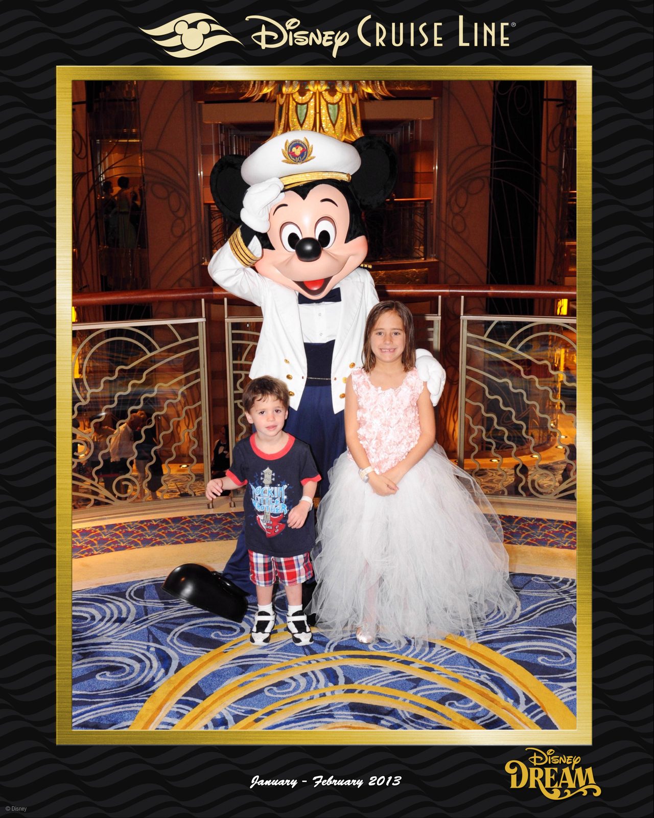 Thomas and Lisa with Captain Mickey in the Lobby Atrium