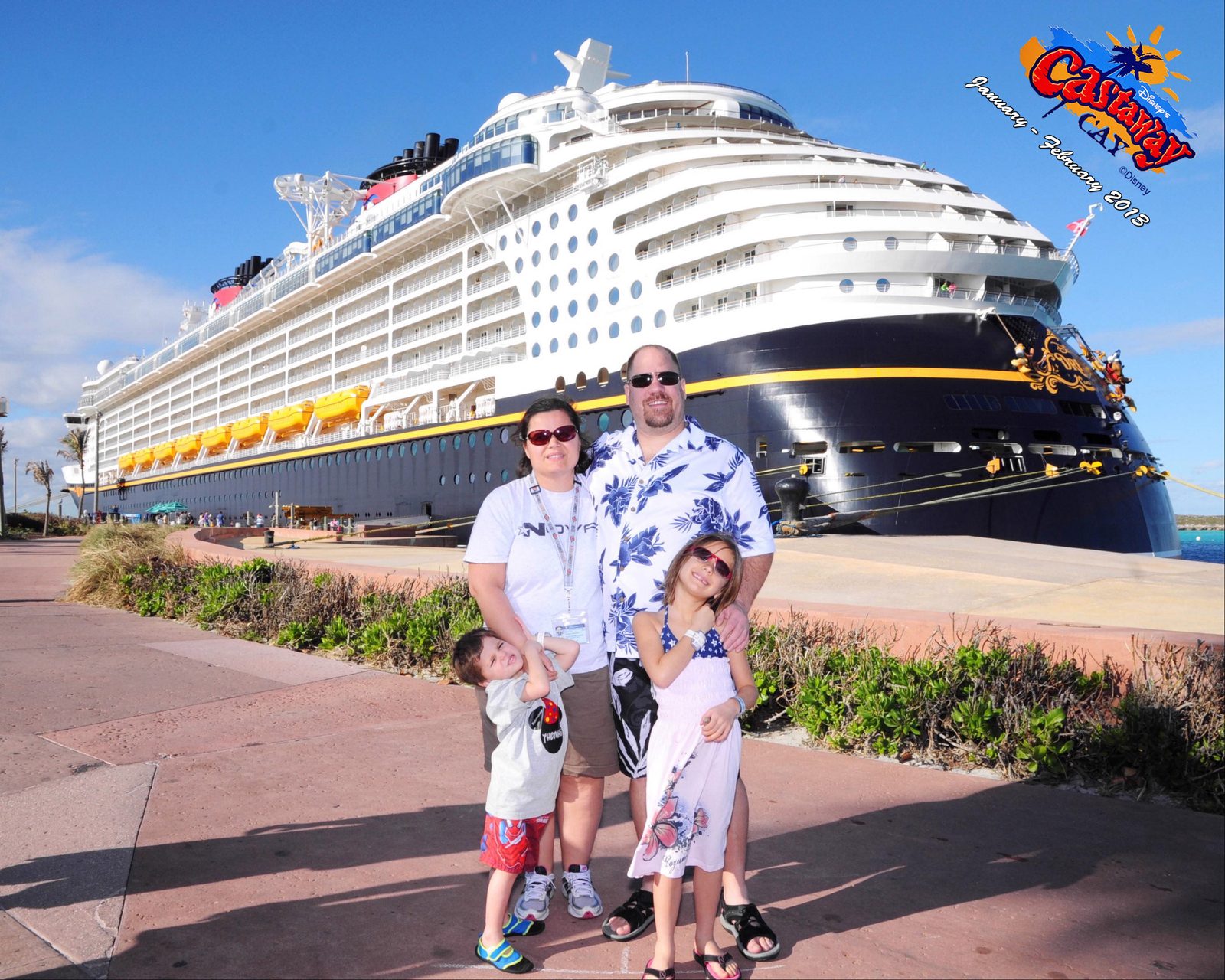 The four of us in front of the Dream at Castaway Cay