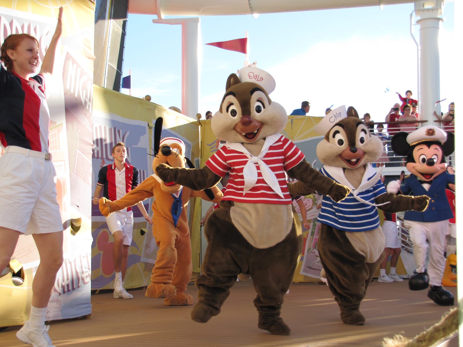 Chip, Dale, Pluto and Mickey in their sailor outfits at the Sailing Away party