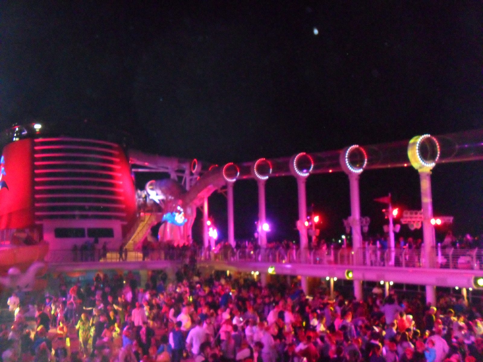 The deck party pirate show, lit up in pink