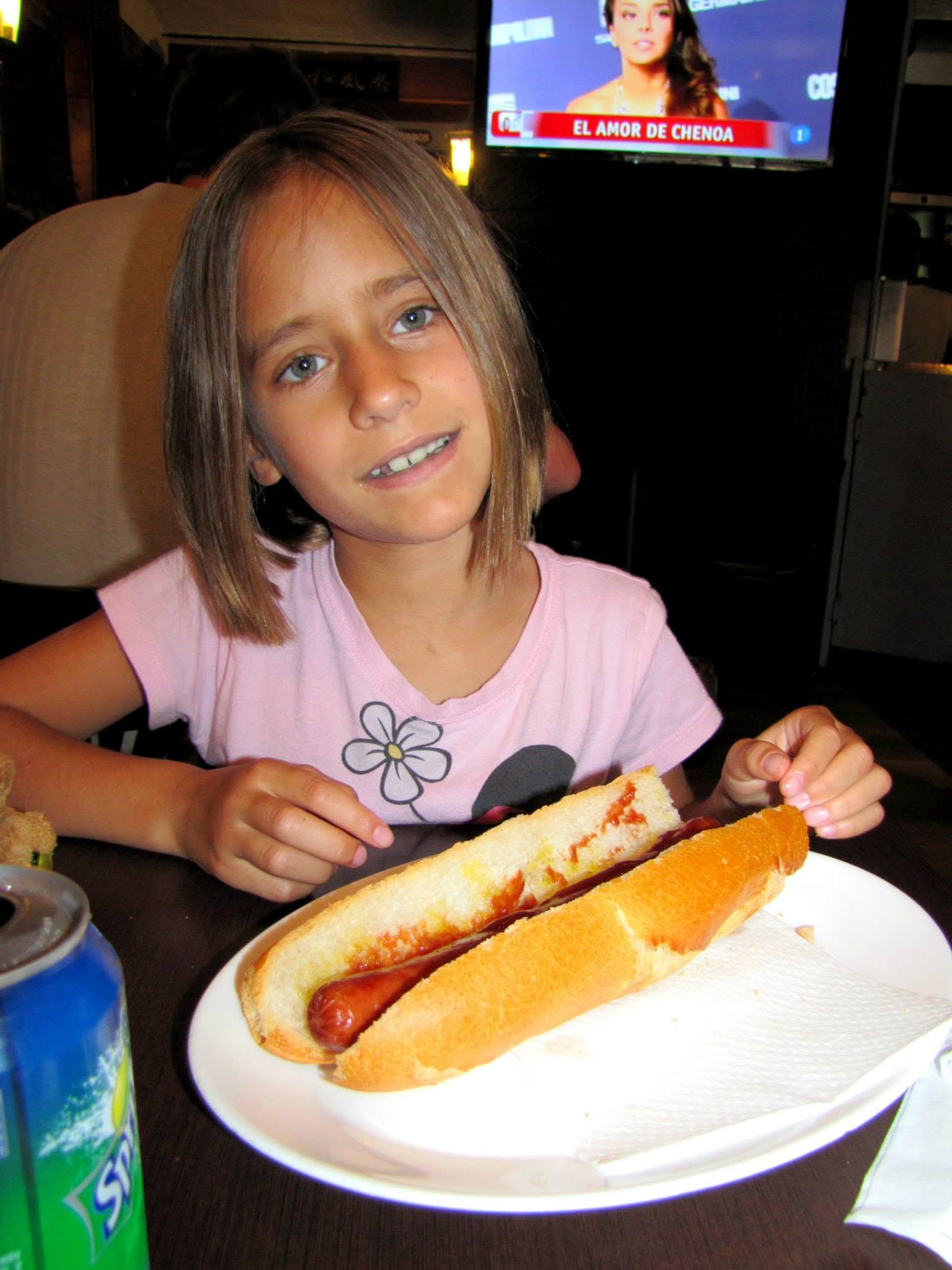 Lisa's hot dog lunch near the hotel in Barcelona