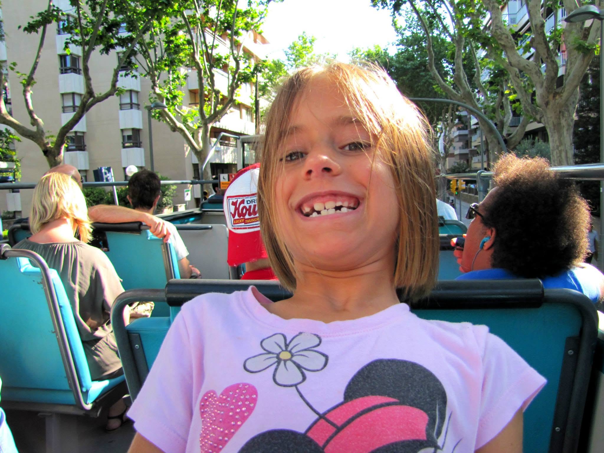Lisa on the top deck of the bus in Barcelona