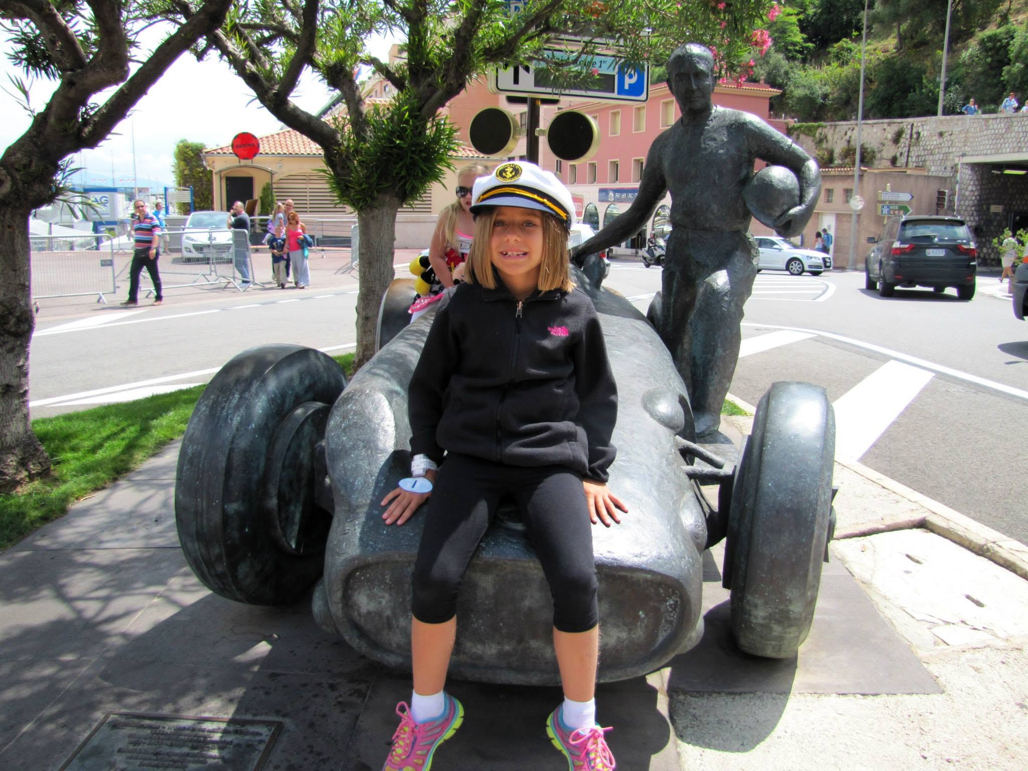 Lisa on the race car sculpture in Monte Carlo