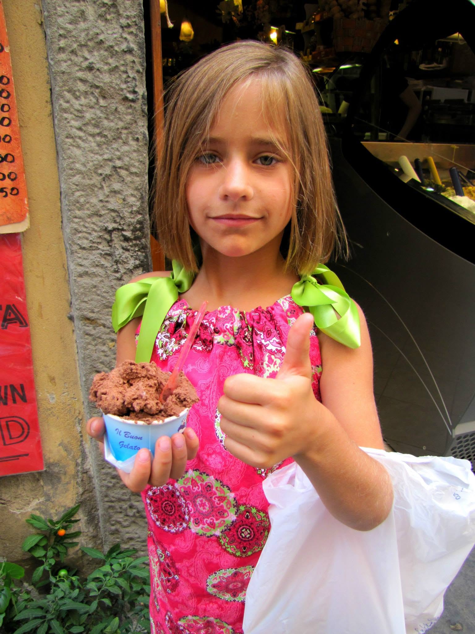 Lisa gives her gelato a thumbs up in Florence