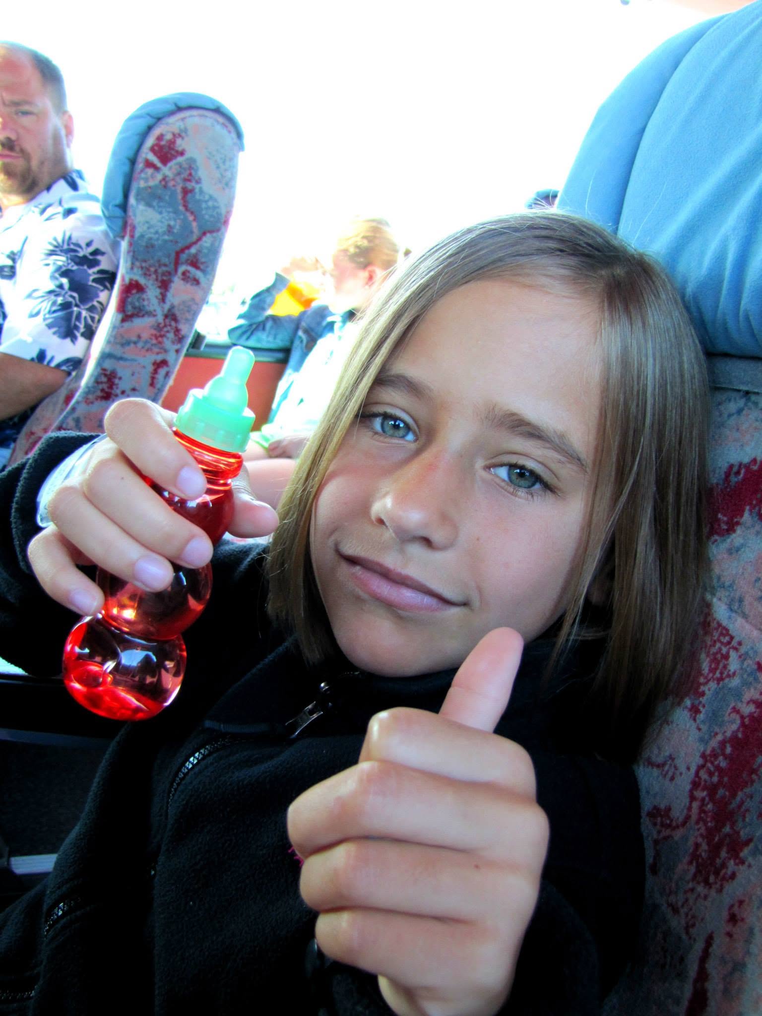 Lisa with her Italian Baby Bottle Pop on the bus