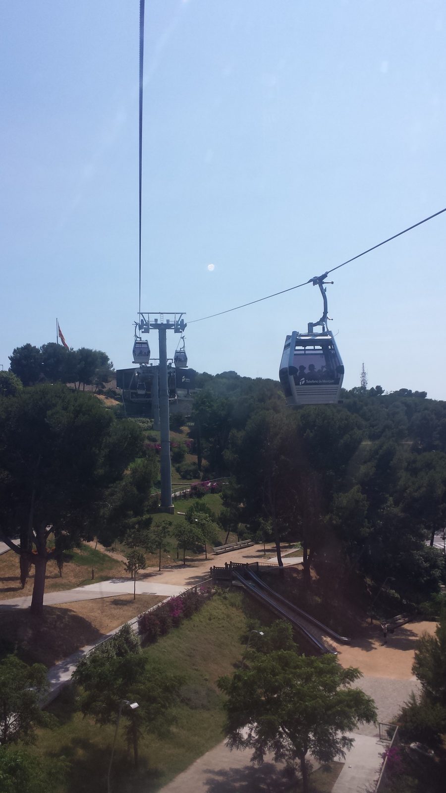 Riding the cable car up to Montjuic