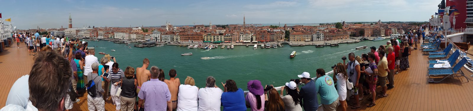 Passengers lining the decks as we sailed into Venice