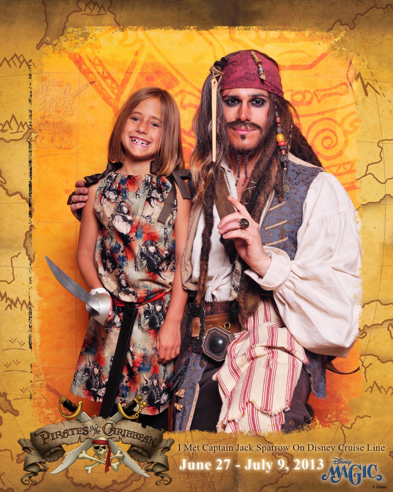Lisa in her pirate dress with Captain Jack Sparrow on Pirate Night