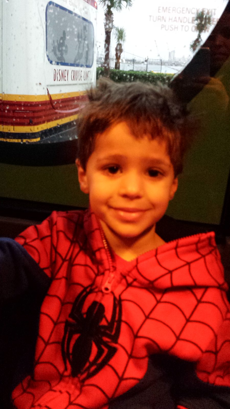 Thomas waiting for the transfer bus at Port Canaveral