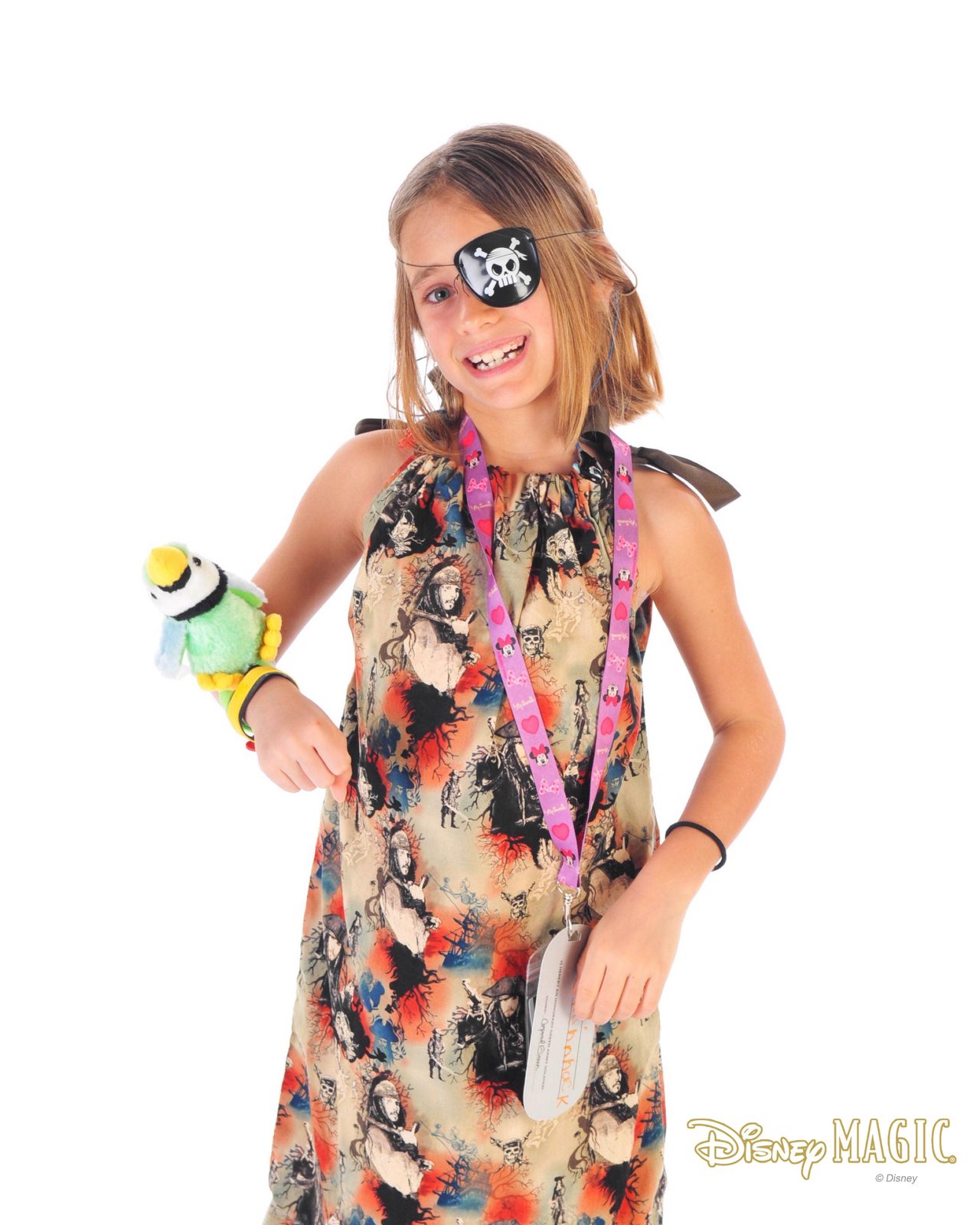 Lisa ready for Pirate Night, eye patch and parrot