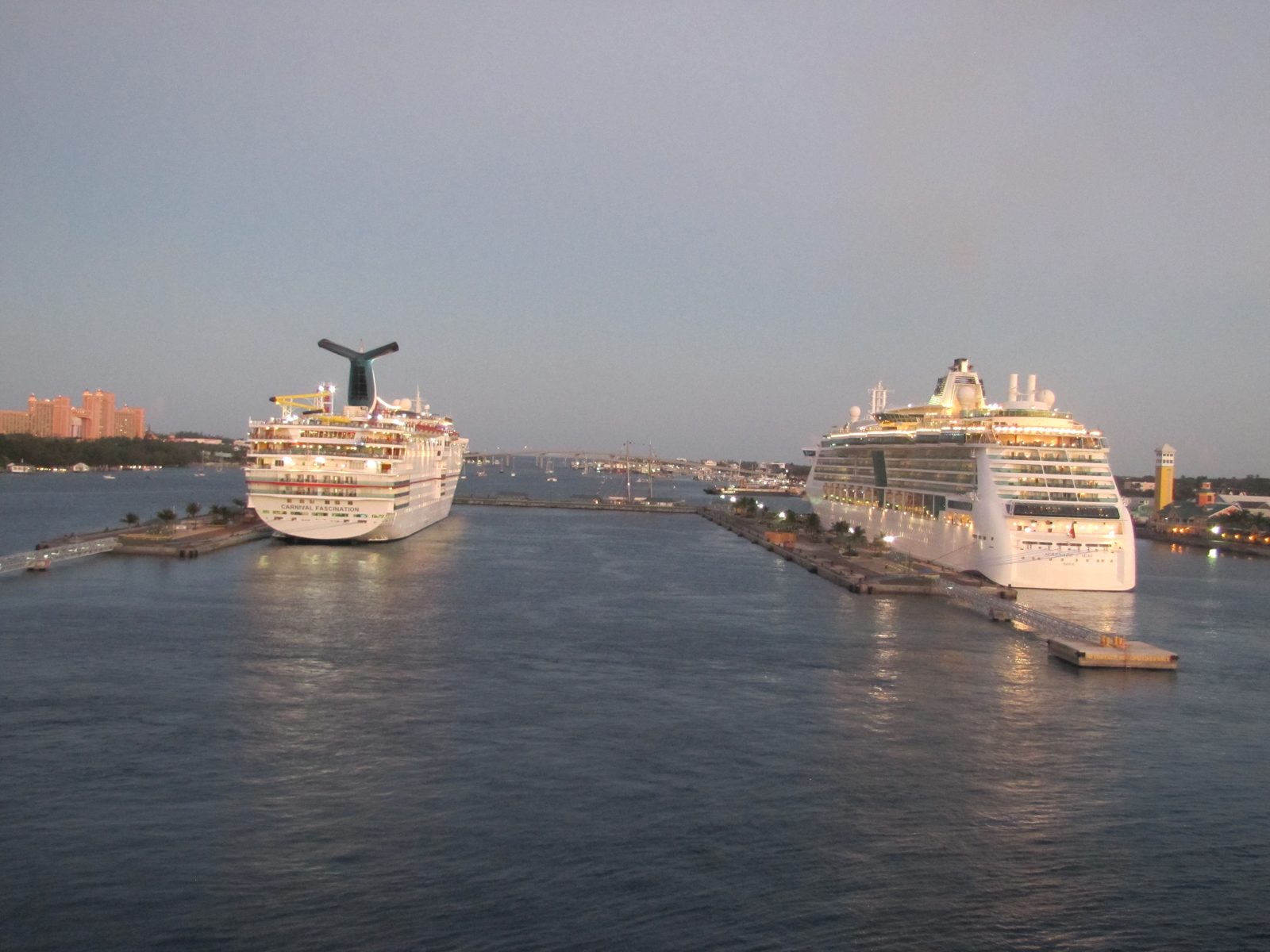Two ships passing in the Nassau channel at dusk
