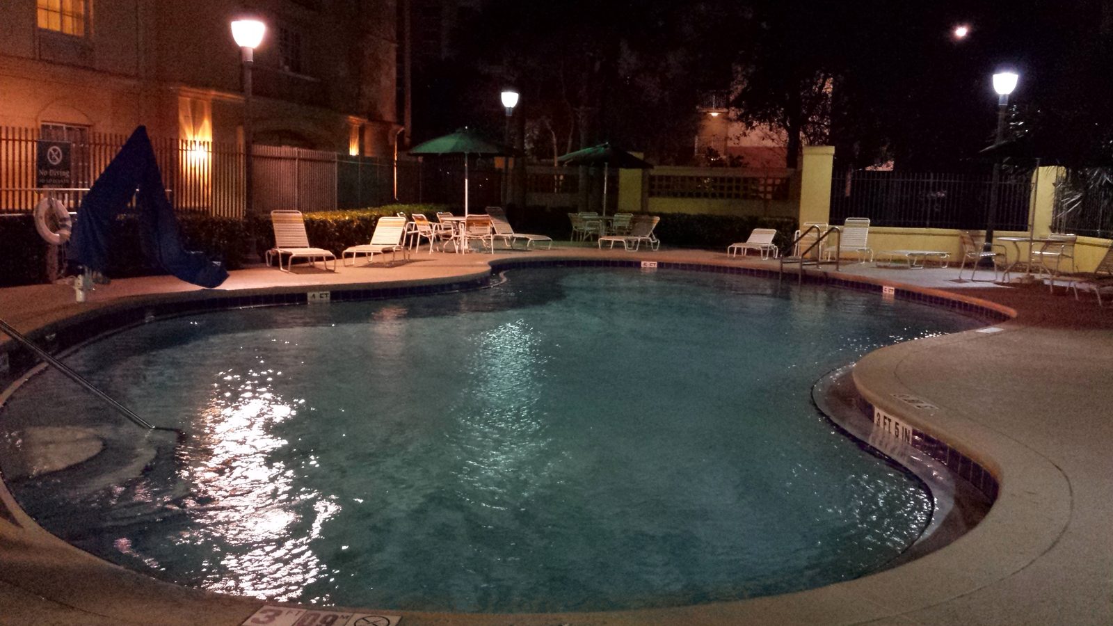 The hotel pool at night