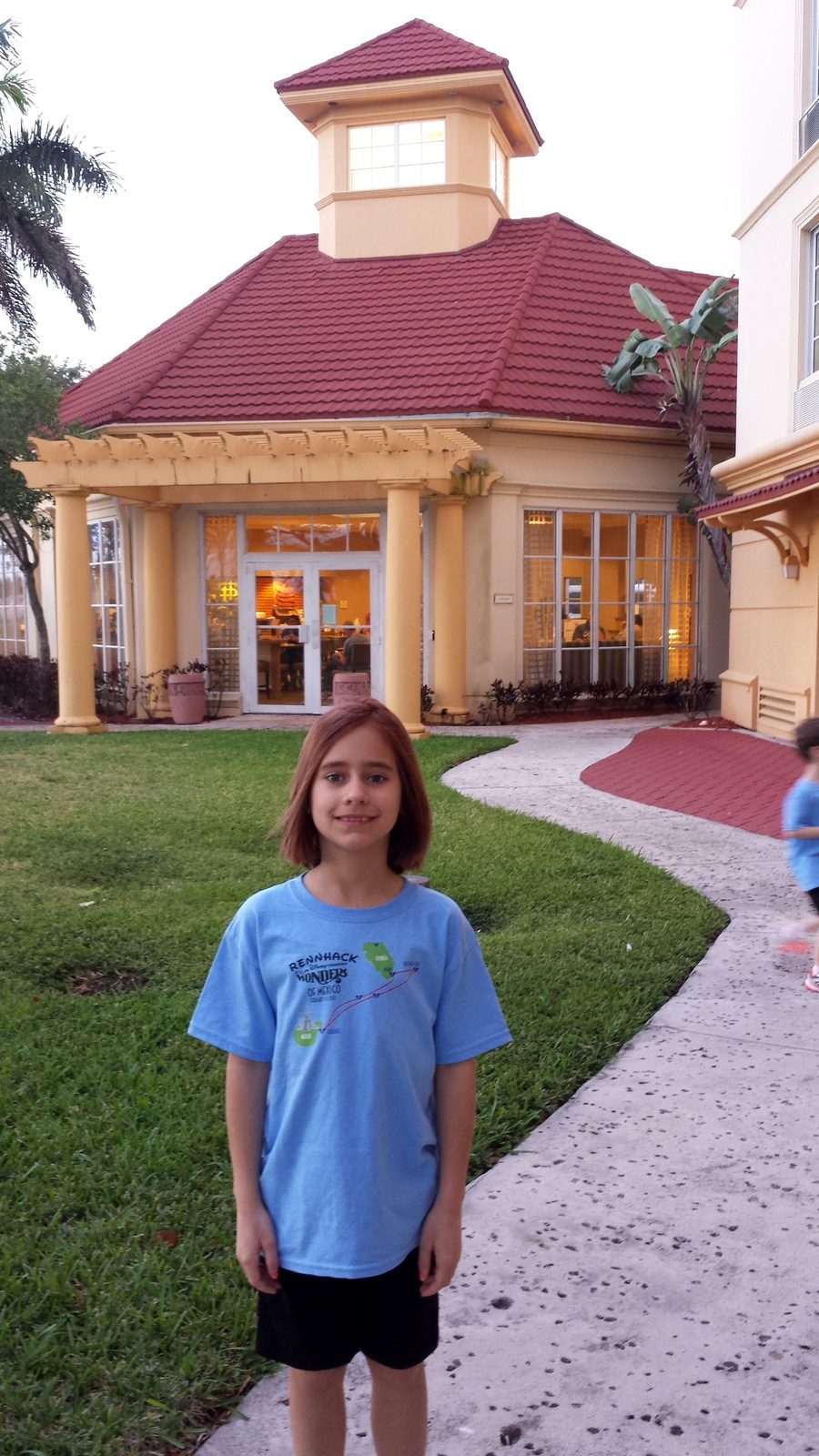 Lisa outside the hotel, checkout morning