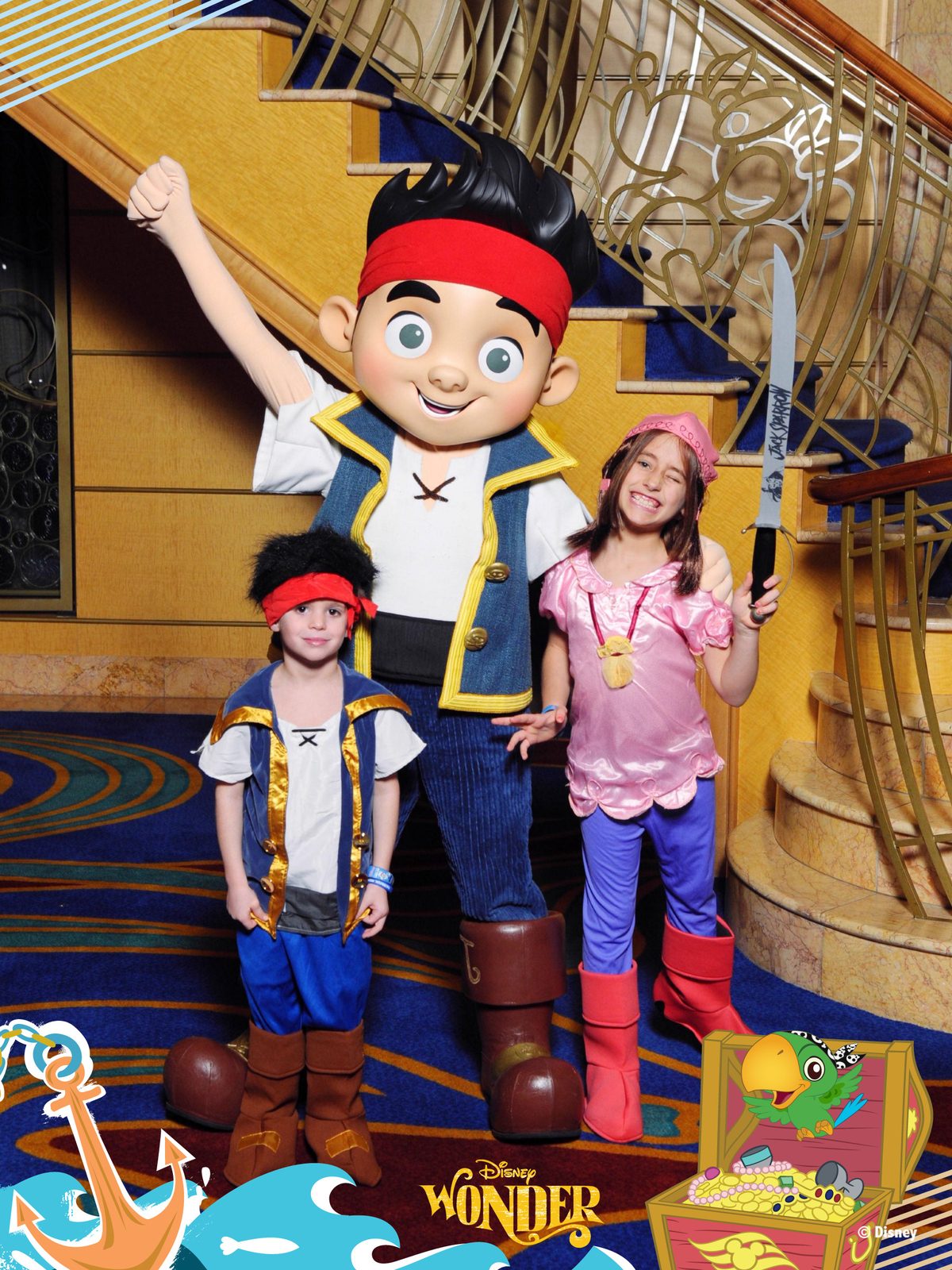 Thomas dressed as Jake, Jake and Lisa dressed as Izzy on Pirate Night