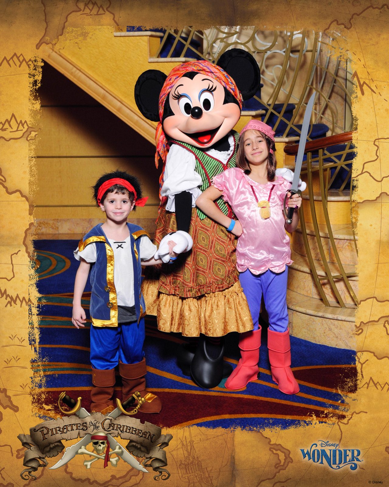 Thomas, Minnie Mouse in pirate garb and Lisa on Pirate Night