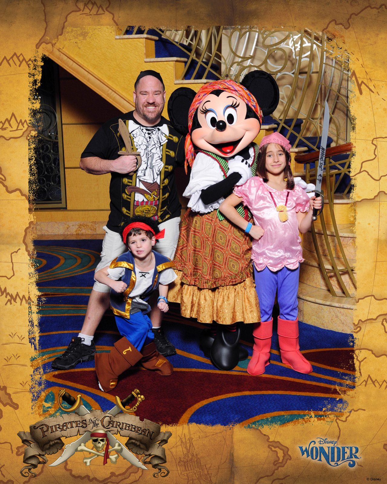 Michael, Thomas, Minnie Mouse in pirate garb and Lisa on Pirate Night