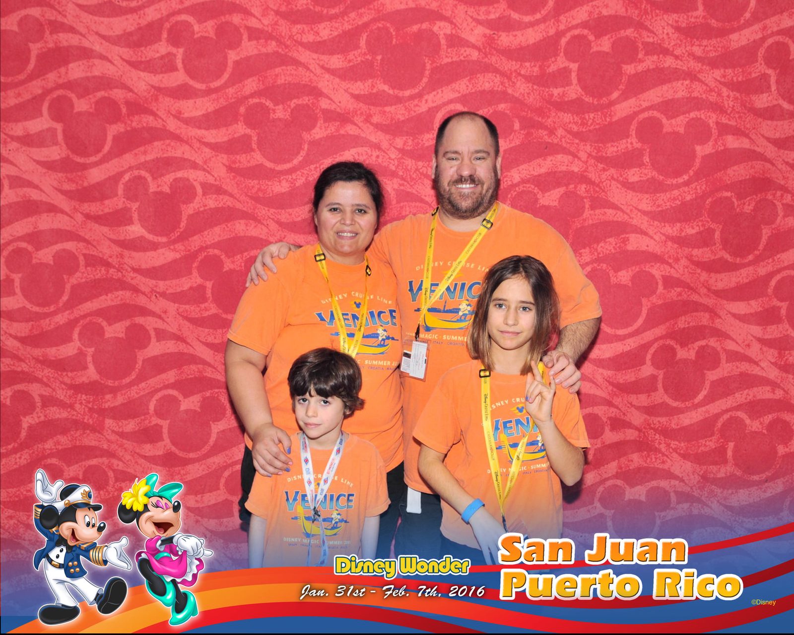 All four of us in our Venice shirts, boarding day