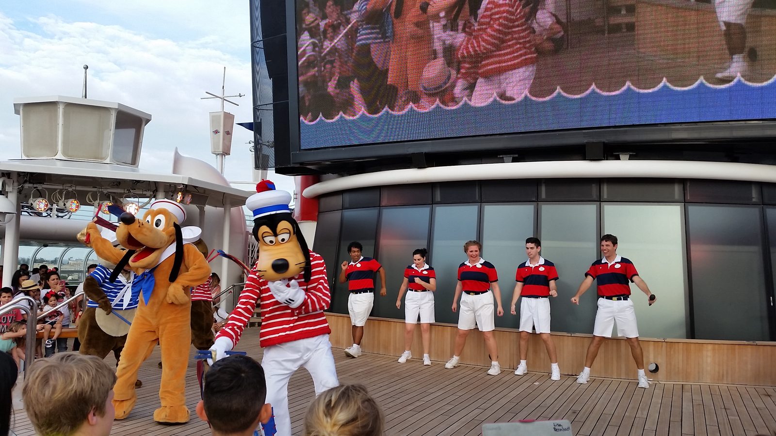 Pluto and Goofy in their sailor outfits at the Adventures Away deck party