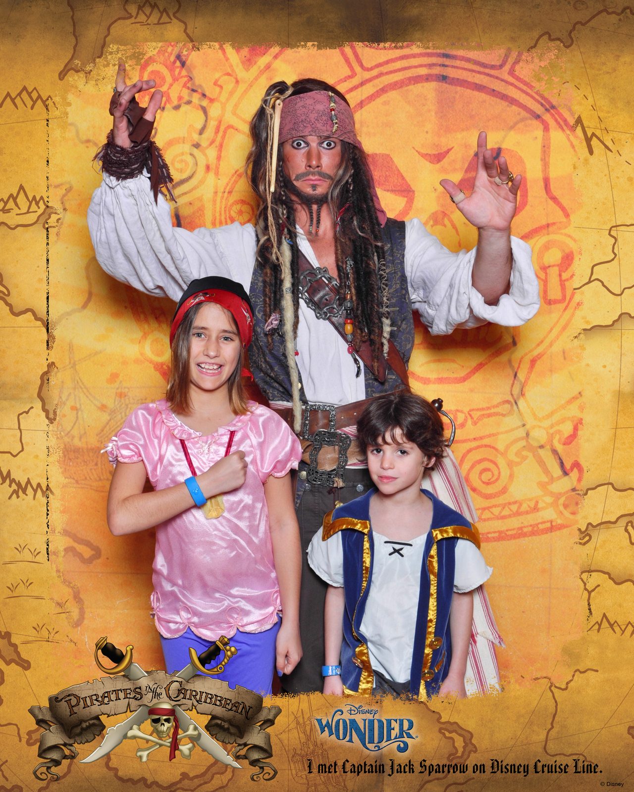 Lisa dressed as Izzy, Captain Jack Sparrow and Thomas dressed as Jake on Pirate Night