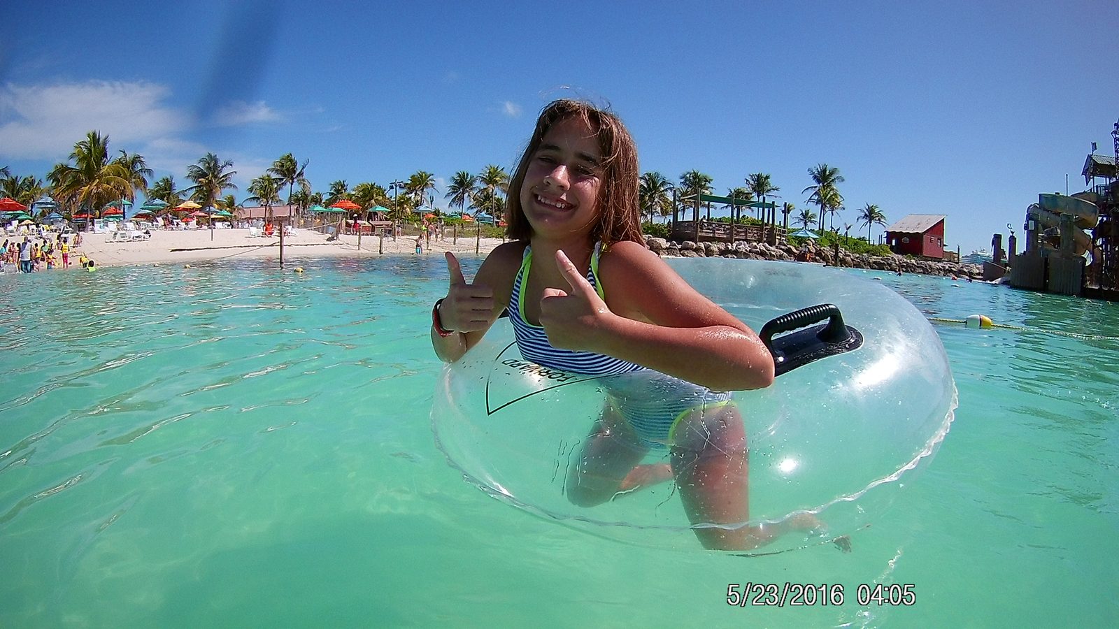 Lisa floating in an inner tube
