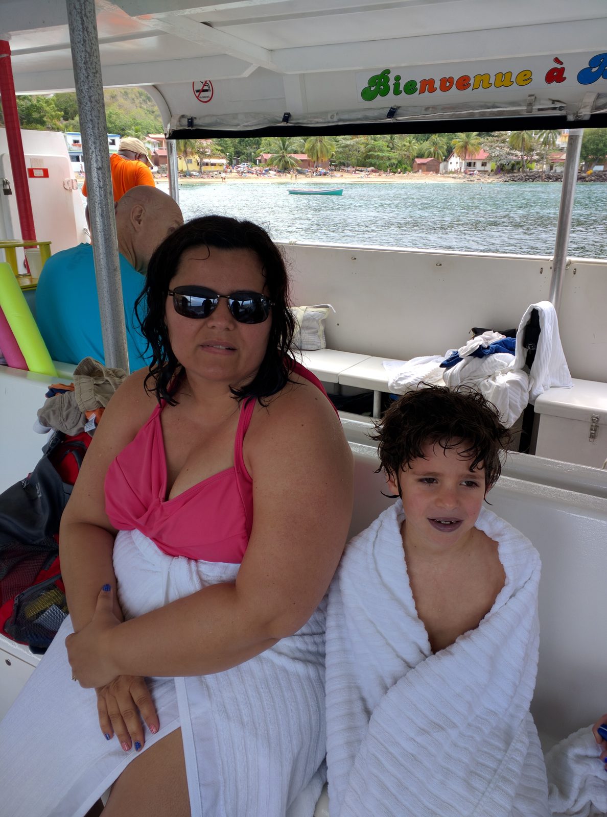 Kathy and Thomas on the boat at Anse Noire