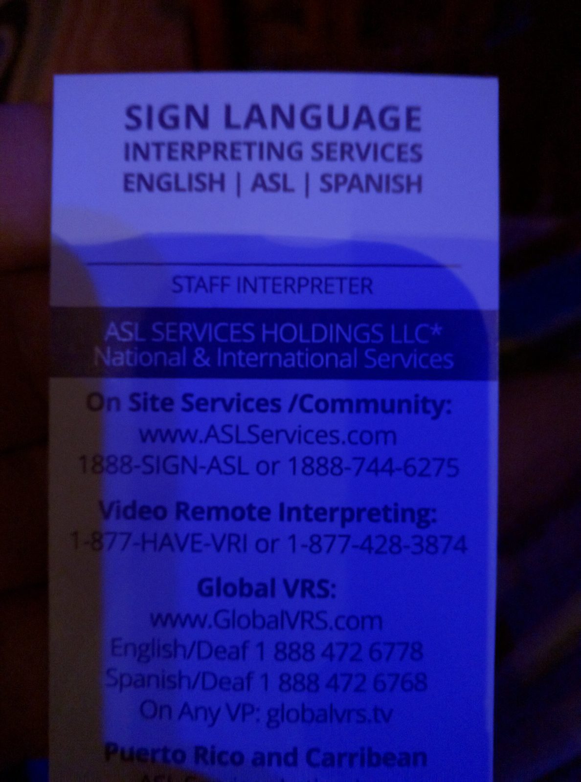 A sign language interpreting services card, where interpreters first came into our lives