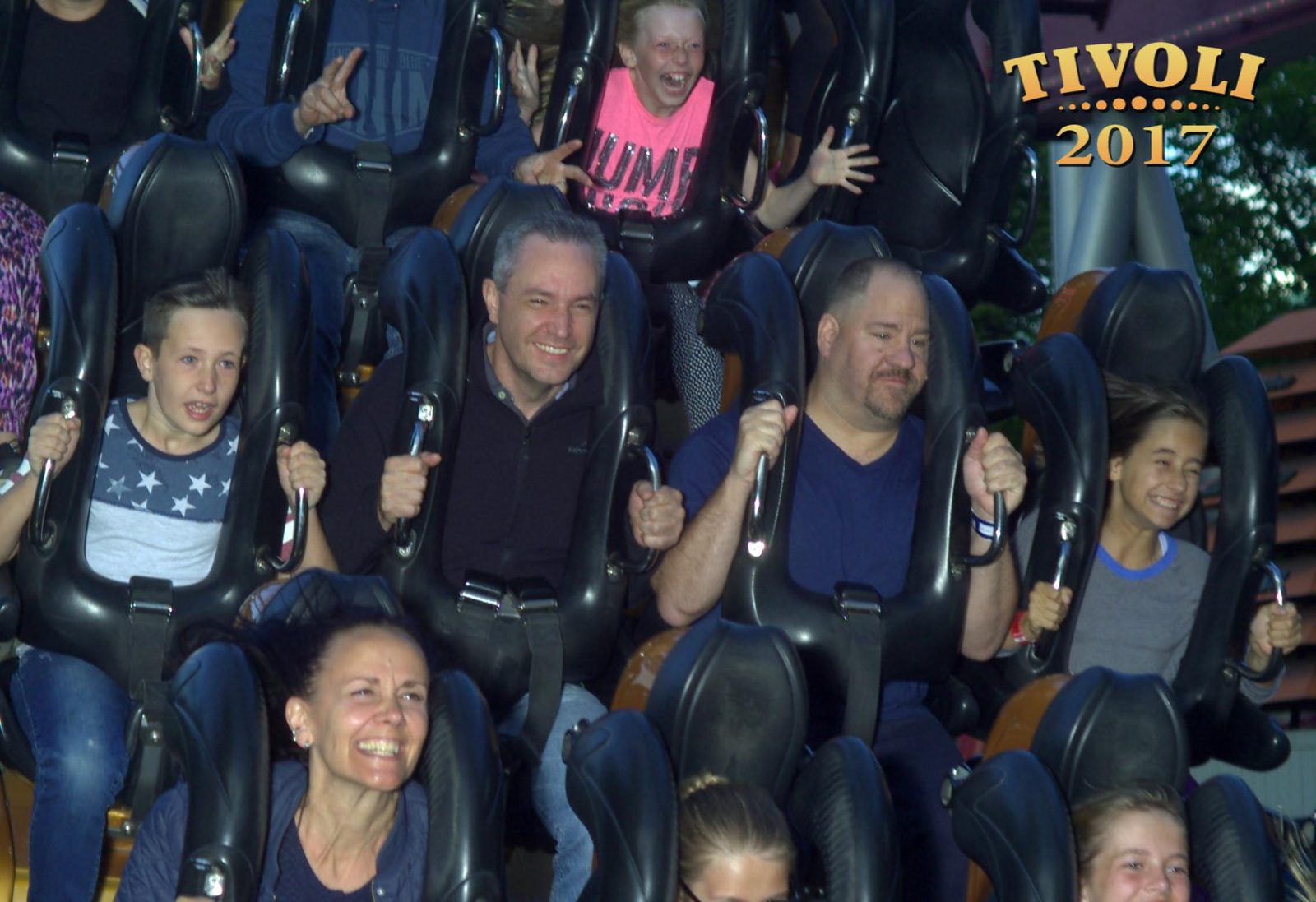 Lisa and me laughing through the Tivoli roller coaster