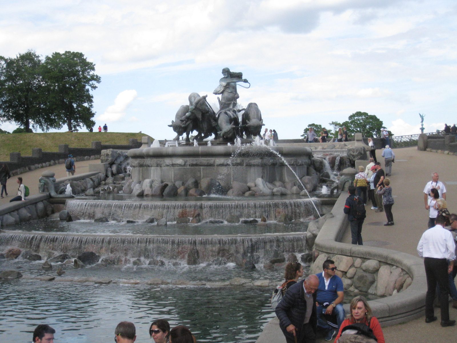 The Gefion Fountain, bronze oxen pulling a plow through the spray