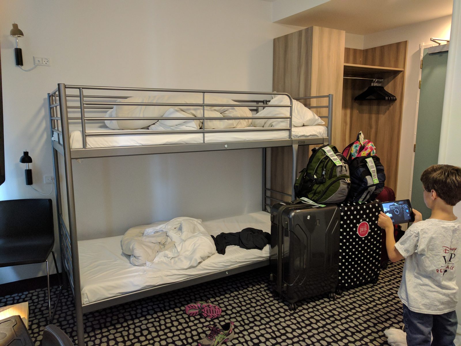 Unpacking in our Copenhagen hotel room before the cruise