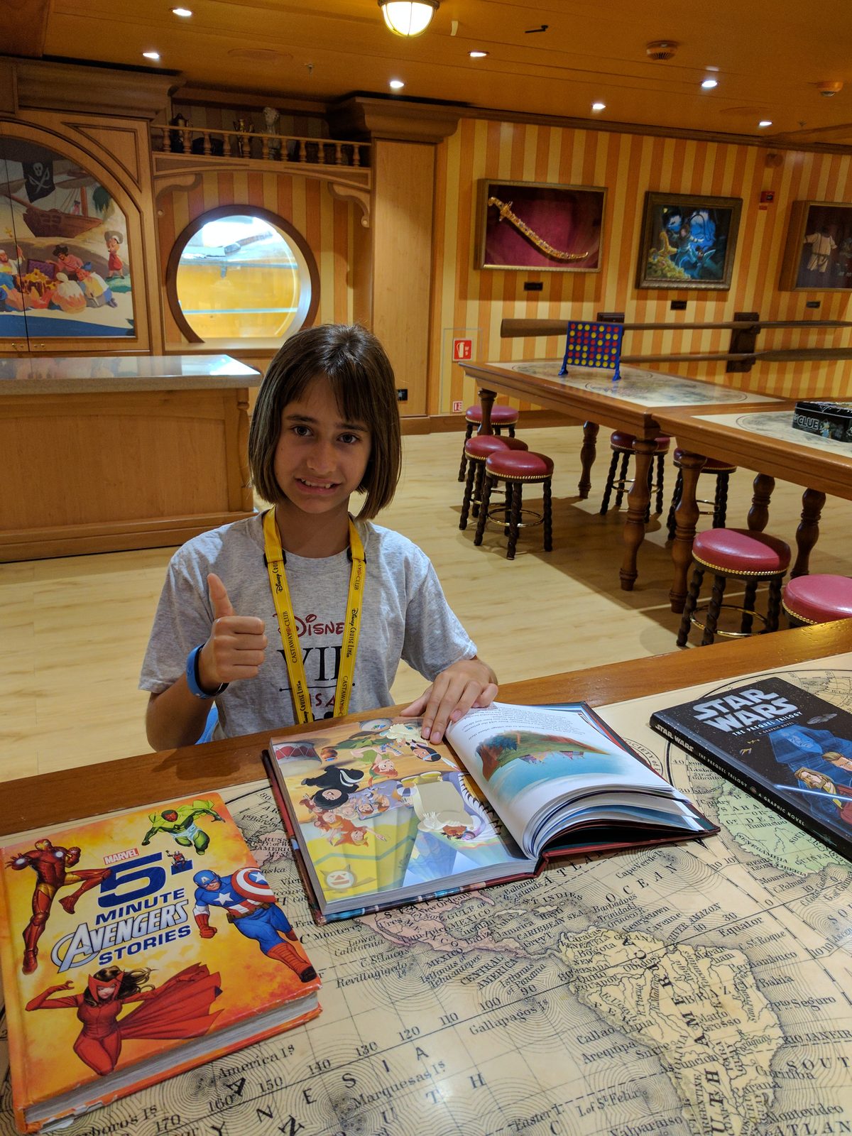 Lisa digging into her activity book on embarkation day