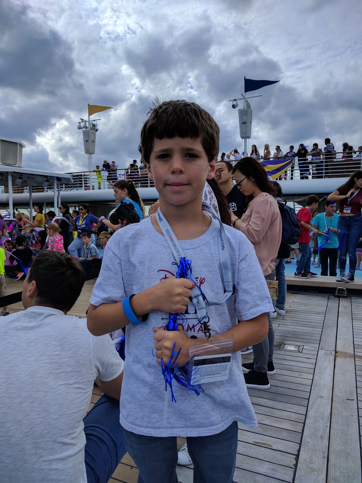 Thomas on deck with streamers at the Adventures Away deck party
