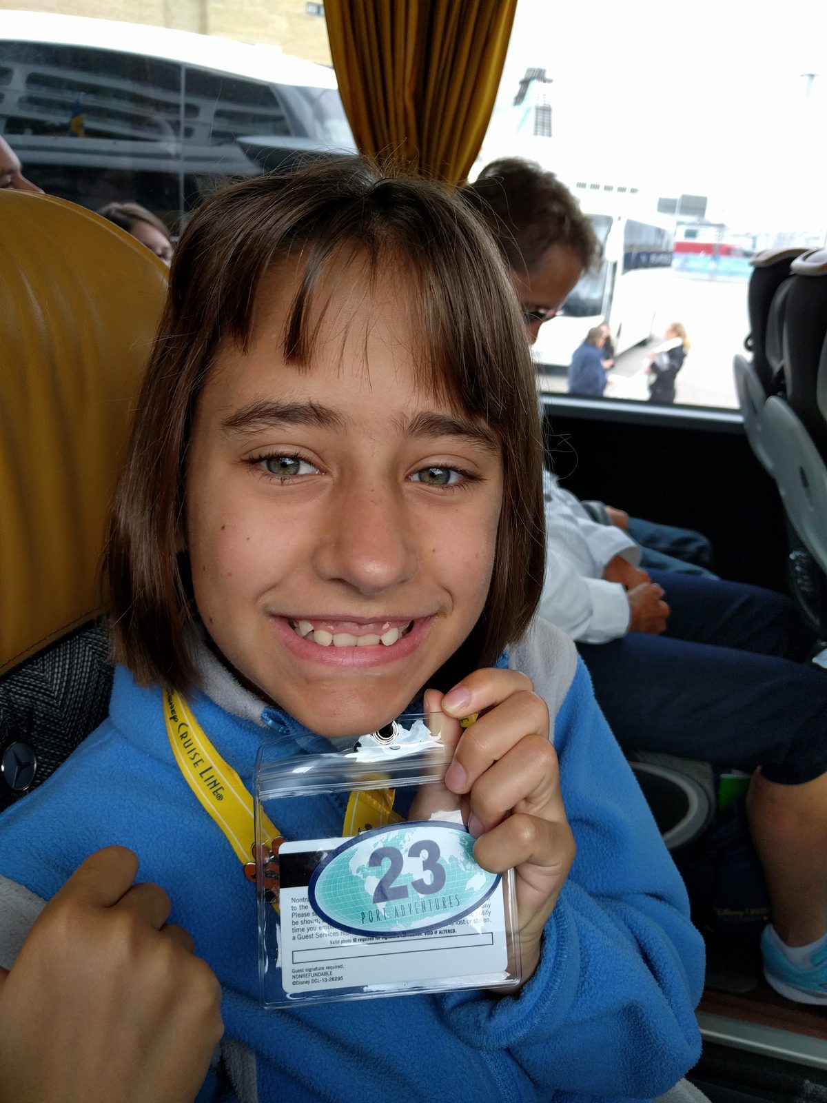 Lisa on the tour bus in Stockholm