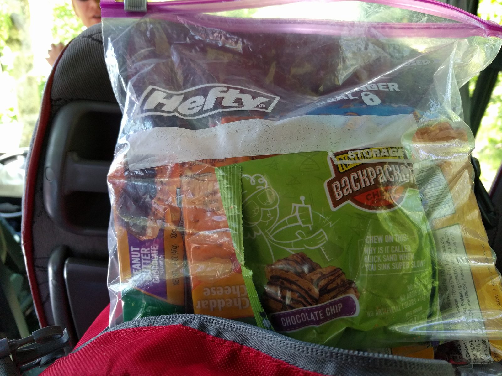 Snacks from the Mama Survival Backpack on the bus