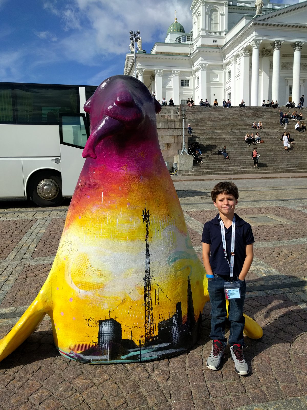 Thomas with the sunset seal below Helsinki Cathedral
