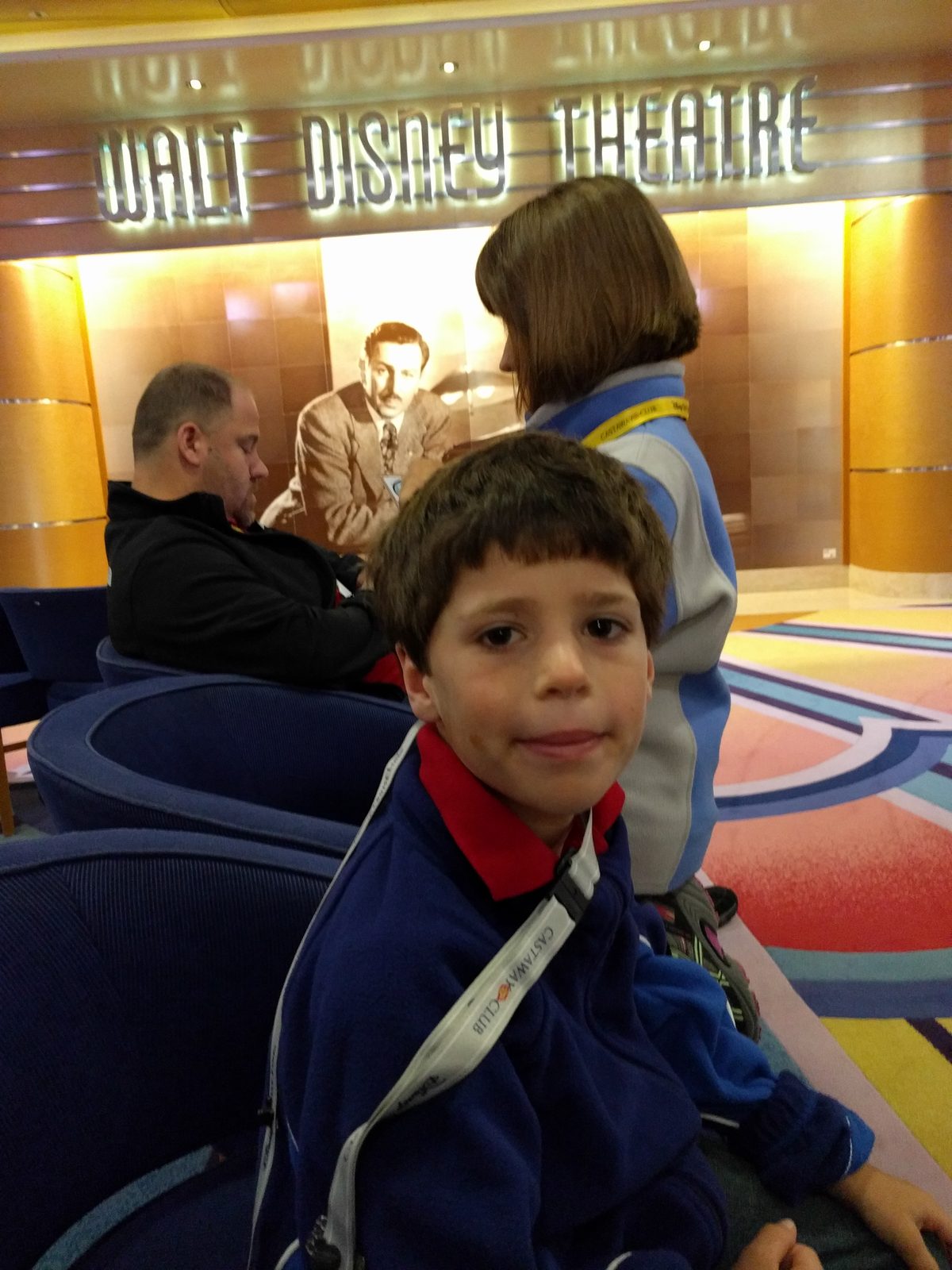 Waiting with Thomas in the Walt Disney Theatre lobby