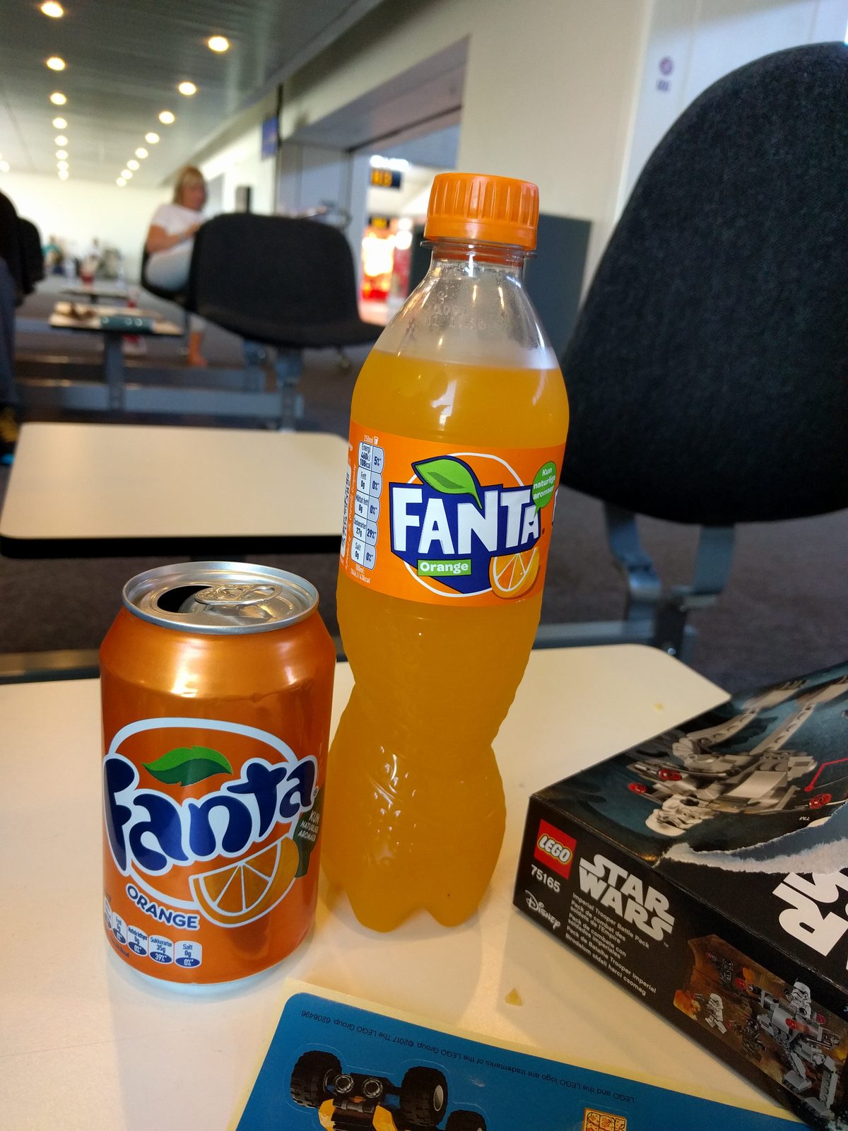 Fanta and a Lego box at the Copenhagen airport