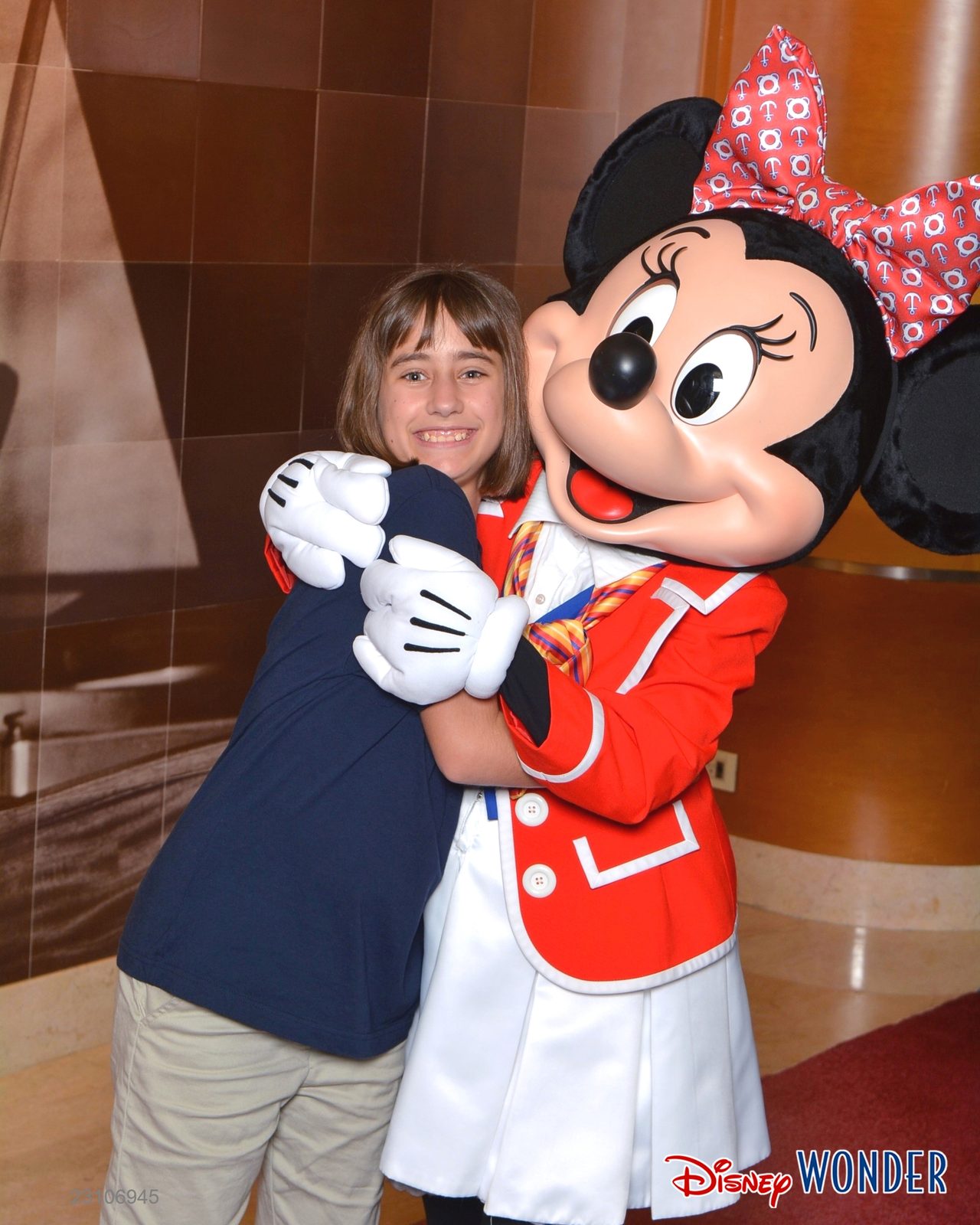 Lisa hugging Minnie in her red sailor jacket